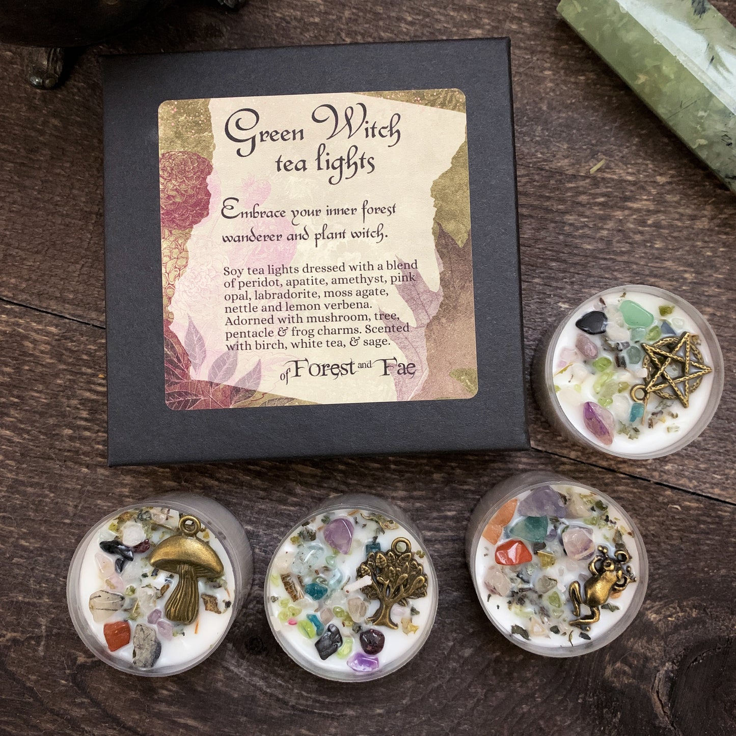 Green Witch Tealight Candle Set | Crystal & Herb Candles