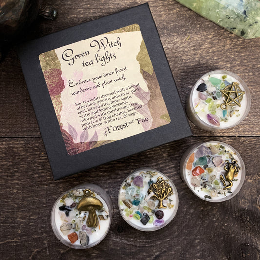 Green Witch Tealight Candle Set | Crystal & Herb Candles