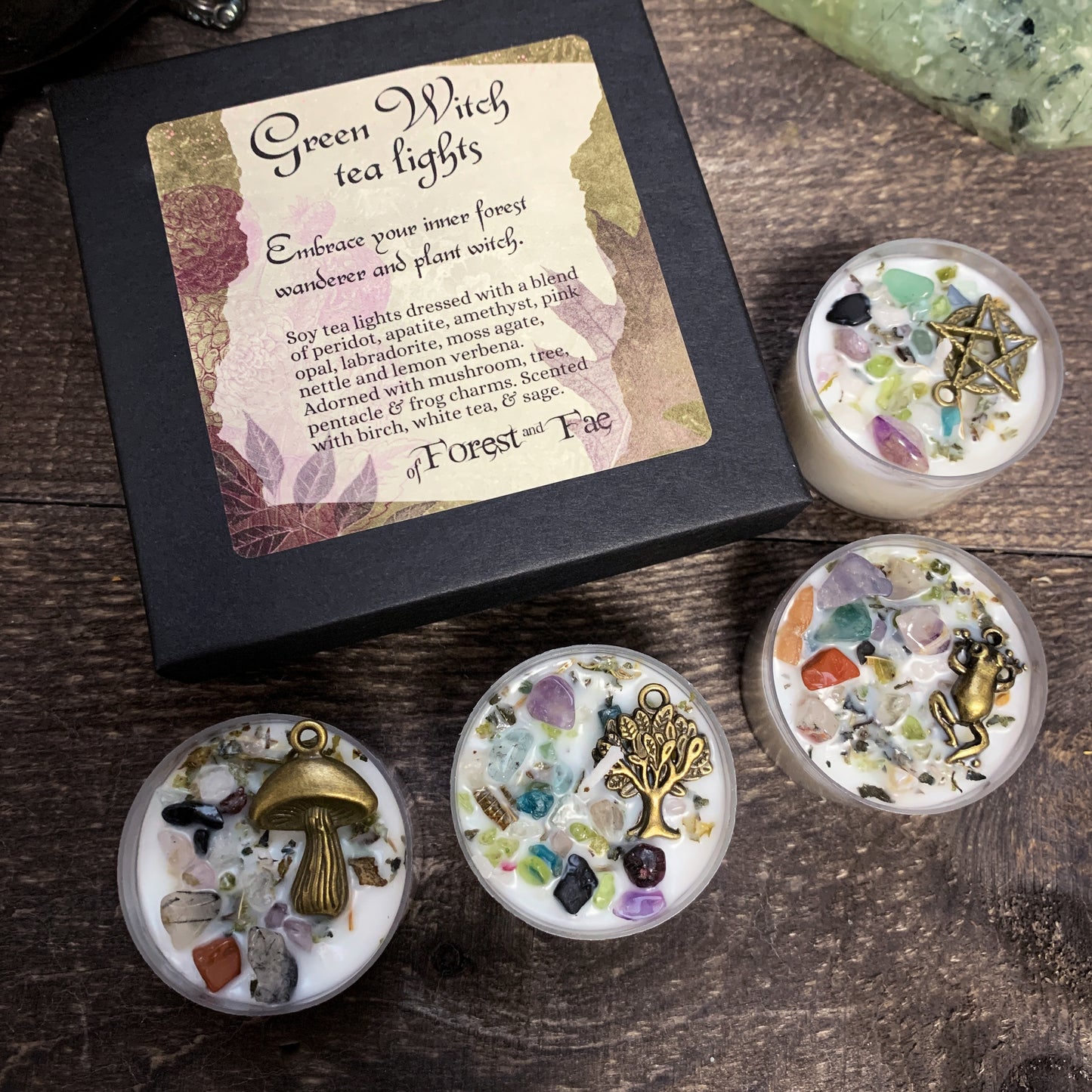 Green Witch Tealight Candle Set | Crystal & Herb Candles